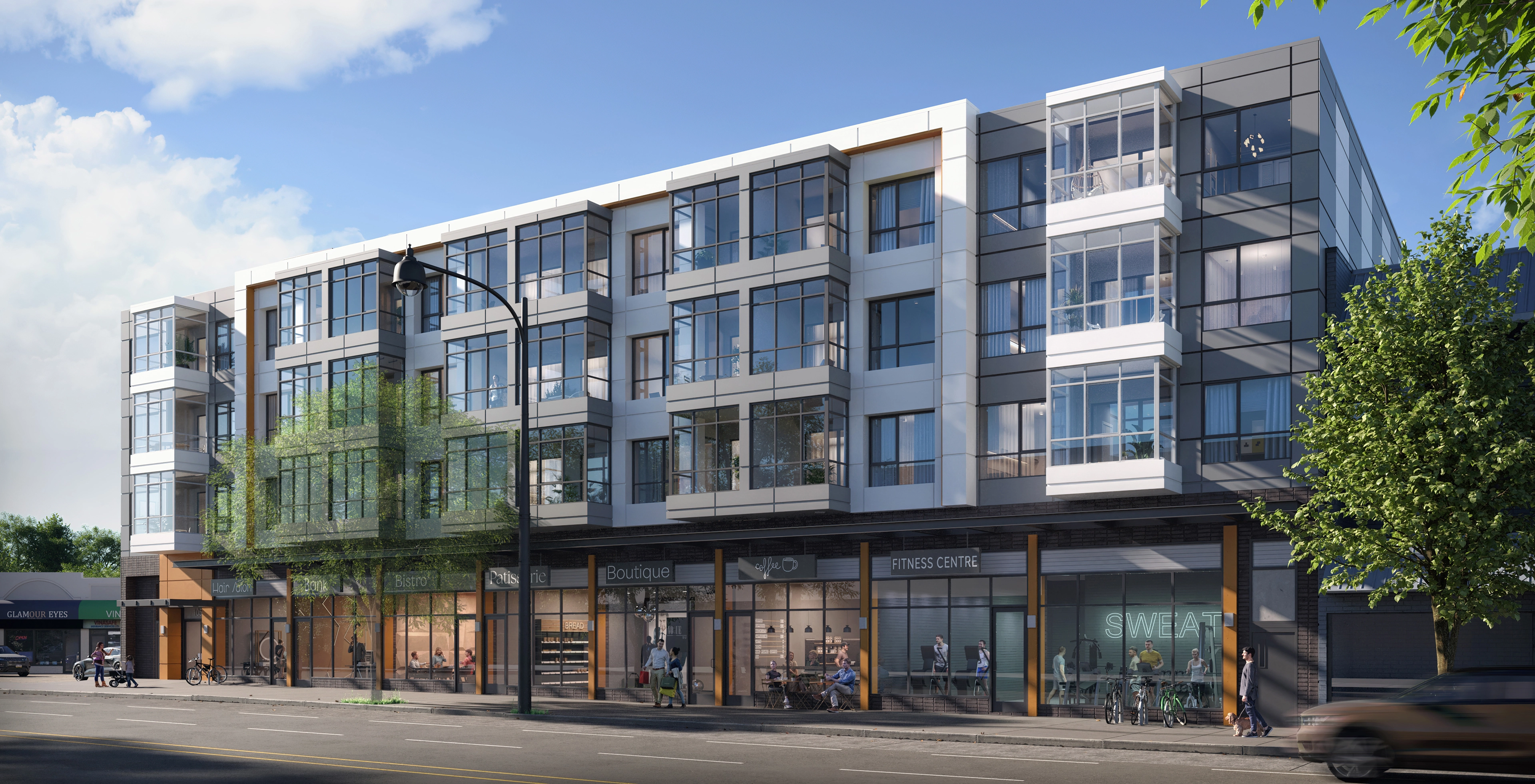 Rendering of a 4 storey apartment building in Vancouver with retail units on the first floor