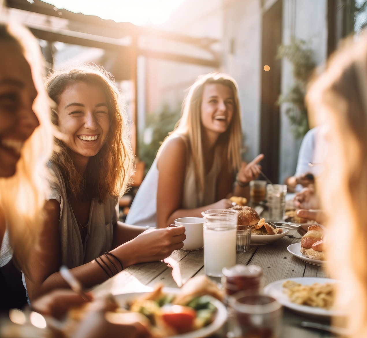 women laughing and eating lunch